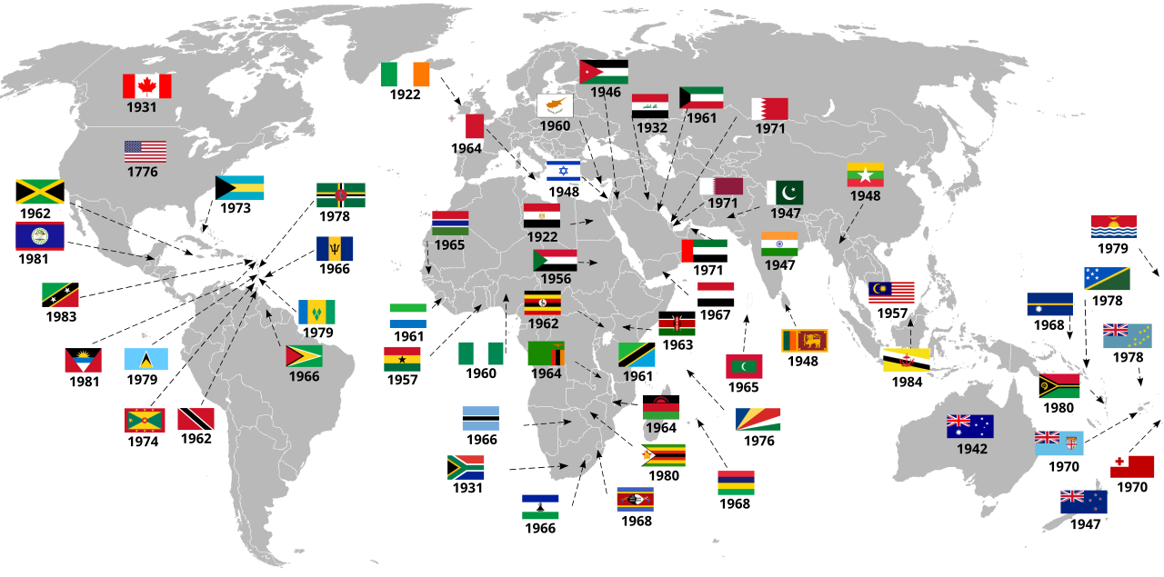 World map of of countries that have gained independence from the United Kingdom. Flags edition